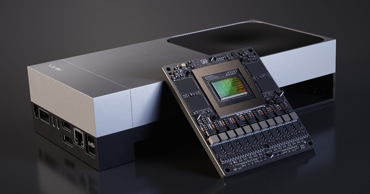An NVIDIA Jetson Thor developer kit chassis with a Blackwell system-on-module resting in front on a dark surface